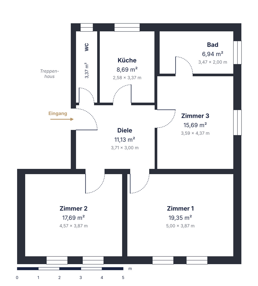 Grundriss der 3-Zimmer-Wohnung mit Raumflächen