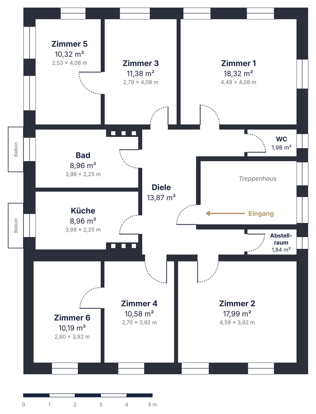 Grundriss der 6-Zimmer-Wohnung mit Raumflächen